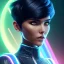 Placeholder: Úrsula Corberó, Cyborg anime warrior, cyberpunk, light black short hair, pixie hairstyle, cobalt eyes, waist up portrait, 8k resolution, retroanime, intricate details, neon details, soft lighting, vibrant colors, masterpiece, intricate eyeliner, dark eyeshadow, eyes, intricate tattoos, gradient background