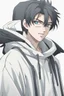 Placeholder: Anime man with black wings realistic happy wearing a hoodie