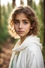 Placeholder: Portrait of Arab-Hebrew young girl with thin facial features, white skin, fluffy cheeks, green eyes, light-brown shorty hair, and white clothes. Forest background