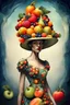 Placeholder: there is a woman in a dress and a hat with fruit on her head, inspired by Arik Brauer, surrealistic digital artwork, inspired by andrey ryabovichev, abstract surrealism, beautiful digital artwork, inspired by Ignacy Witkiewicz, inspired by Darek Zabrocki, stunning digital art, surreal digital art, gorgeous digital art