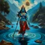 Placeholder: An oil painting of goddess Kali crossing a lake