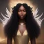 Placeholder: princess, A black woman with long hair, fantasy setting, ethereal, soft lighting, angel wings, porcelain