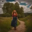 Placeholder: full body shot of a very beautiful lady curvy hair, walks in the country side with a narrow river with clean water and nice rocks on floor. The trees and wild flowers pretty country houses ,nice cloudy sky.