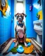 Placeholder: Unusual photo of a pit bull terrier sitting on a toilet, imitating a human. The dog is wearing a comical pair of shoes. Rts that have been lowered just above their front legs. He is facing the viewer, engrossed in reading something on his cell phone. The bathroom is clean and modern, with a small, colorful rug on the floor. The general atmosphere of the photo is happy and fun