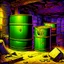 Placeholder: 90's TCG fantasy artwork art of radioactive waste barrels