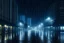 Placeholder: A city in the future is at night and it's raining and it's foggy.