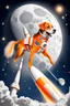 Placeholder: white and orange dog flies to the moon top of the a rocket