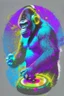 Placeholder: action shot of a Gorilla with headphone mixing music with Dj controller , DMT art, blacklight, tshirt vector, enclosed in a circle, sunshine, contour, white background