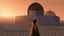 Placeholder: A Palestinian woman wearing an embroidered dress with the Dome of the Rock in front of her during sunset in winter.