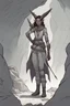 Placeholder: A DnD character. A female horned Tiefling ranger with pointy ears standing in a cave. The Tiefling has curly hair and a little pterosaurs on her shoulder.