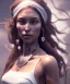 Placeholder: Gipsy, beautiful, curvy body, white fabric dress, beautiful long hair, bandana, long earings, head and shoulders portrait, holding tarot card, 8k resolution concept art portrait by Greg Rutkowski, Unreal Engine 5 volumetric lighting