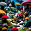 Placeholder: Close-up photograph of a landscape made of felt, people, rock formations, animals, fungi, crystals, mineral concretions, extreme detail, intricate, colours, Tim Burton, Harry Potter, sinister scribbles, sparkles, bokeh