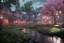 Placeholder: Immersive​ fantasy elven town in the deep green forest with beautiful flower pink tree