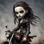 Placeholder: full color, illustration of a dark menacing leather clad motorcycle girl, tall and willowy , as a decayed, broken, crude homemade cloth doll toy, with a cracked porcelain face, thick dark eyebrows, hair made from ragged strips of cloth, in the style of Nadya Sheremet