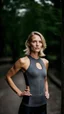 Placeholder: photography of a beautiful anorexic woman, grey satin triathlon top, sports illustrated, blond short wavy bob haircut, pronounced sternum, flat chest, anthracite cycling leggins