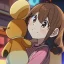 Placeholder: Clear focus, High resolution, a anime kid, cute, cartoony style, smiling, anime screencap, hair between eyes, holding a brown teddy bear, small forhead, female