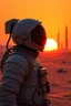 Placeholder: close up portrait a lone astronaut stands on an alien desert, the sun setting in vibrant hues of orange and yellow and red. His helmet reflects the light as he gazes at towering structures on the horizon—remnants of a once-great civilization. With every step through the barren sands, the weight of his mission grows heavier. Is he a pioneer, The silence and black shadows around him , surreal, dark sci-fi, utopistic vibe