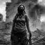 Placeholder: women, faces covered in black masks, ragged clothes, holding flag, war-torn, destroyed city in the background, 8k resolution, hyperrealistic, detailed matte painting, b&w, dynamic lighting, war, anarchy, terrorists