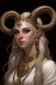 Placeholder: A teenage tiefling woman with a set of ram horns on her head encrusted with jewels, White-Blonde, long hair, black eyes, no pupils, dressed in white and gold with lots of jewelry