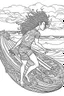 Placeholder: Outline art for coloring page OF THE BACK SIDE OF A HAWAIIAN SURFER WITH BIG CURLY KINKY HAIR WEARING SHORTS RIDING A SURFBOARD ON A WAVE, coloring page, white background, Sketch style, only use outline, clean line art, white background, no shadows, no shading, no color, clear