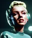 Placeholder: Ultra Realistic retro sci-fi 1960 scene, waist up view portrait, blonde woman, sweet young Marilyn Monroe face, perfect iris, tight latex coat, Strange planet background, Retro sci-fi style helmet, fog, rain, soft color, highly detailed, unreal engine 5, ray tracing, RTX, lumen lighting, ultra detail, volumetric lighting, 3d, finely drawn, high definition, high resolution.