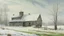 Placeholder: Oil painting of a rural winter landscape featuring a weathered barn and farmhouse under a muted green sky. The barn is constructed with a stone base and wooden upper section, showing signs of age and wear. The farmhouse, smaller in size, is painted in white with visible window frames and a brick chimney emitting a wisp of smoke. The ground is covered in snow, with a fence line partially buried, adding depth to the scene. The color palette is subdued, dominated by greens, whites, and grays, enhan