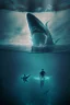 Placeholder: half-submerged camera portrait of a dark shark underwater swimming up to a boy floating and waving at an old tall ship in the distance. vivid, sharp, clear, cinematic, grim, dark, haunting