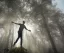 Placeholder: close up of a young man floating in the air with arms spread in the middle of the image in a misty forest in spring at sunrise with warm light rays, highly detailed, intricate, 8k, unreal engine, cinematic, vibrant, colorful, ultra high resolution