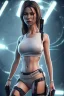 Placeholder: full body shot, hitomi tanaka body, lara croft face, masterpiece, best quality, family of three, sparkling eyes, fluorescent skin, colorful makeup, hip hop , highly detailed body, afrofuturism, scifi, sun light, 4K, RAW, depth of field, high contrast, realistic details, 24mm