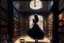 Placeholder: full-height shot of a woman in a tight black dress, inside a large magic book shop, books, bottles, windows