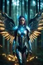 Placeholder: Facing Front night photography Beautiful Angel woman cyborg cybernetic ,futuristic full warframe armor, straddle wings in Magical Forest full of lights colors,glowing in the dark,Photography Art Photoshoot Art Cinematic Soft Blur Colors