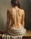 Placeholder: masterpiece classical academic oil painting, figurative study of a seated female figure viewed from behind, focus on anatomy, posture, and painterly texture, subject seated on a surface with a natural relaxed pose, torso slightly leaning forward the figure is partially draped in simple light fabric around the lower body and upper torso, arranged modestly, emphasizing form through light and shadow rather than exposure detailed back anatomy: visible shoulder blades, natural spine curvature, soft m