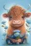 Placeholder: Adorable cute happy baby scottish highland cow with dreamy eyes, sitting down and holding a flower, nursery art, very rendered polished Perfect, smooth edges, flawless Facial Features, Stunning, Whimsical Fantasy, Cute, Highly Detailed, Well Rendered, cartoon, illustration