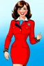 Placeholder: pin-up style realistic cartoon of 50 year old brunette stewardess in red uniform dress, smiling with very red lips and long eyelashes