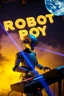Placeholder: a Robot DJ synth player, he is called "ROBOT ROY" performing at dance club, his name is "ROBOT ROY" , yellow and blue Neon lights and smog, an earth is projected in background, and "Robot Roy" big sign on the wall, he is playing on synthesizers on stage with lot of laser beams and wearing black sunglasses,