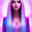 Placeholder: beautiful, soft, smiling face, whole head, long straight blonde hair blues eyes, crown on the head, clothing in transparent bluish and pink veil, background brillante bluish and pink, hight definition, 8K