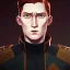 Placeholder: general hux in 3/4 view, wearing a black First Order uniform, serious, imposing figure, thick eyebrows, green eyes, sepia filter, light coming from the side