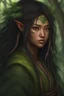 Placeholder: Druid, Elf, Mongolian face, Japanese face, beautiful, green glowing eyes, black hair, brown skin, portrait, mossy, natural, mystic, 3d Fantasy Art, detailed