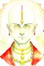 Placeholder: Colour drawing, young female, grey eyes, shaved head, cleric, red beads