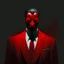 Placeholder: a sinister figure wearing a red suit with a red tie with no face and dirty slicked back hair