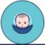 Placeholder: full view, flattened vector image icon of a baby in a bundle with a dark blue and light blue color palette, transparent background.