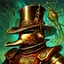 Placeholder: 90's fantasy tcg art of a top hat man with a metal mask