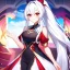 Placeholder: Clear focus, 8k, beautiful lighting, vibrant colors, girl, white hair, long hair, vibrant red eyes, ponytail, same twins, white hair, red eyes, same clothes,