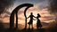 Placeholder: Hyper Realistic shadow-silhouette of a romantic couple-dancing behind a romantic sunset & with a wooden-arch with cloudy sky on mountain-top with leaves-whirling-&-breeze-blowing-tall-grass showing dramatic-romantic-&-cinematic-ambiance