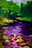 Placeholder: A red violet lilypond near a cave painted by Claude Monet