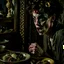 Placeholder: Strong texture, photorealism, Caravaggio, Egon Schiele. Intricate patterns, hypermaximalist. Photo made of inside house, an eerily mysterious, hidden and odd person is eating, a witchy house, sober style, pastel colors. Movie shot, spooky. Sinister scribbles, 33mm photography. Beasts