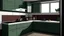 Placeholder: kitchen with celadon and dark red furniture, on the left side by the window from the bottom up, a microwave and an oven installed in the furniture, and on the right side and next to it an induction hob and a cooker hood above it, on the right side there is a sink and a dishwasher underneath it