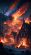 Placeholder: medieval village on fire, meteors falling in the background