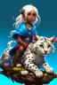 Placeholder: a cute eight-year-old female sorceress, dark skin, with straight snow white hair tied in a braid, blue eyes, riding on the back of a giant furry leopard cat