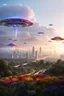 Placeholder: ufo rainbows, cité cristal très futuriste ultra moderne, ufos fleet, intergalactic, dômes de cristal, beautiful gardens , flowers